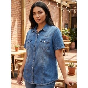 Take Nine Maternity Denim Western Short Sleeve Top Women's 20/22 Blue Pearl Snap